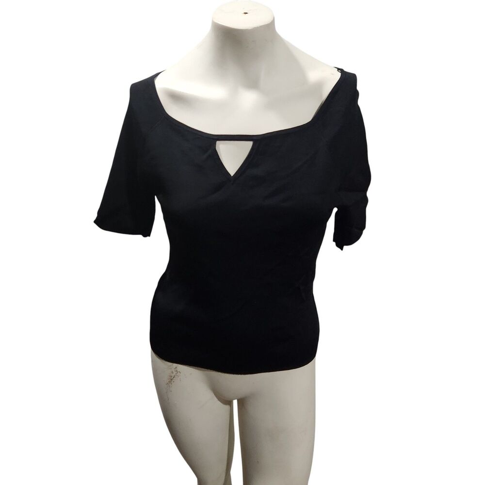 White‎ House Black Market Black Knit Top Medium Keyhole Neck Short Sleeve